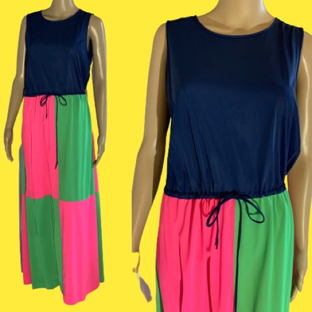 Vintage color block neon MOD 60’s 70’s maxi dress hostess gown medium pink
